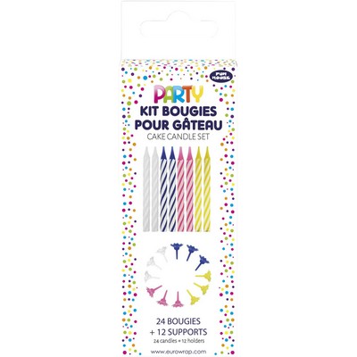 Set de 24 bougies + 12 supports couleurs 27g